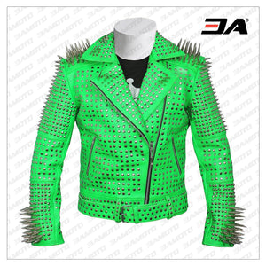Men Green Studded leather jacket, Green Punk Studded Jacket, Leather jacket men, punk jacket, studded jacket, spiked leather jacket - 3A MOTO LEATHER