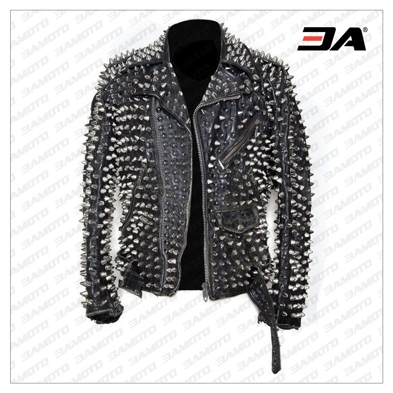 Men Silver Studded Custom Patches Long Spike Brando Belted Rocker Jacket - 3A MOTO LEATHER