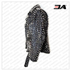 Men Silver Studded Custom Patches Long Spike Brando Belted Rocker Jacket - 3A MOTO LEATHER