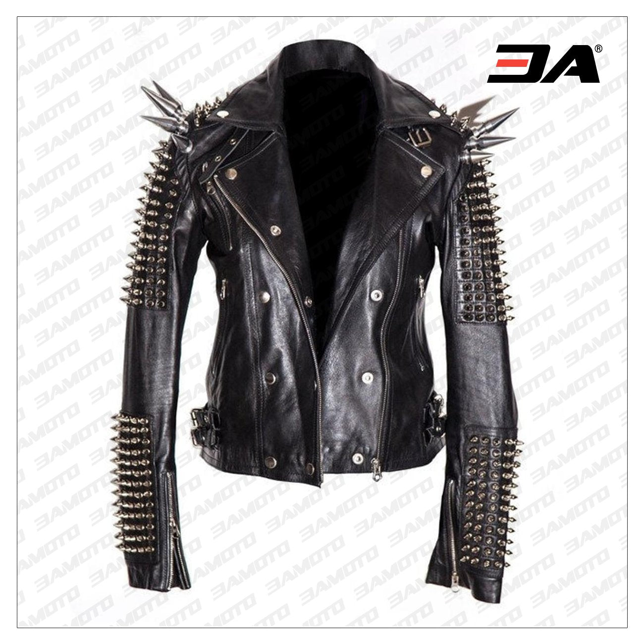 Men Silver Studded Long Spiked Jacket Leather Black Rock Punk Style Jacket - 3A MOTO LEATHER