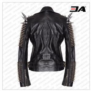 Men Silver Studded Long Spiked Jacket Leather Black Rock Punk Style Jacket - 3A MOTO LEATHER