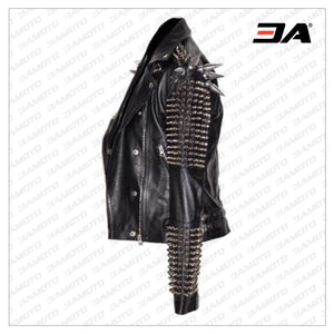 Men Silver Studded Long Spiked Jacket Leather Black Rock Punk Style Jacket - 3A MOTO LEATHER