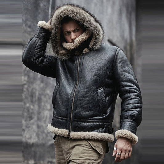 Men's Hooded RAF Aviator B3 Sheepskin Black Shearling Jacket - 3amoto shop