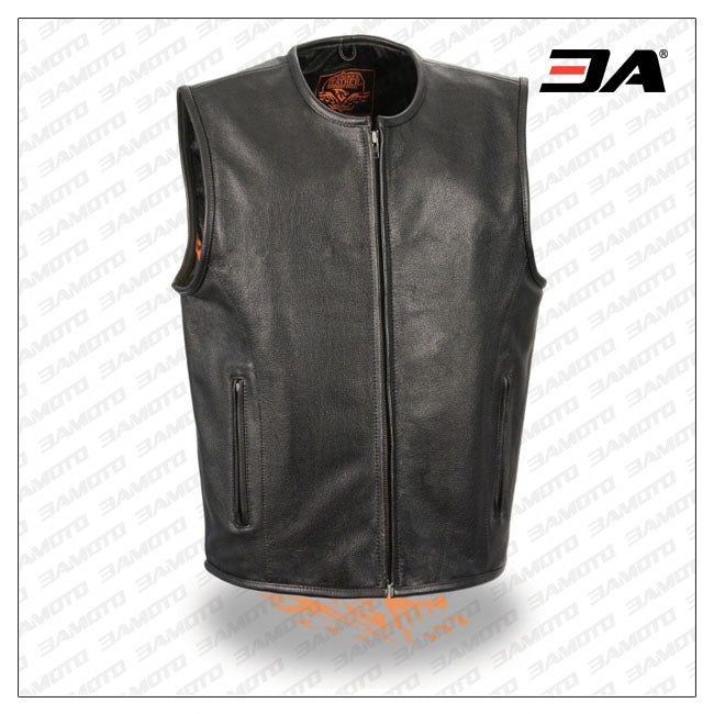 Men's Seamless Design Zipper Front Black Leather Vest