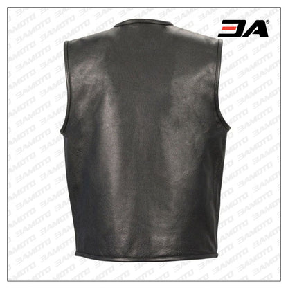 Men's Seamless Design Zipper Front Black Leather Vest