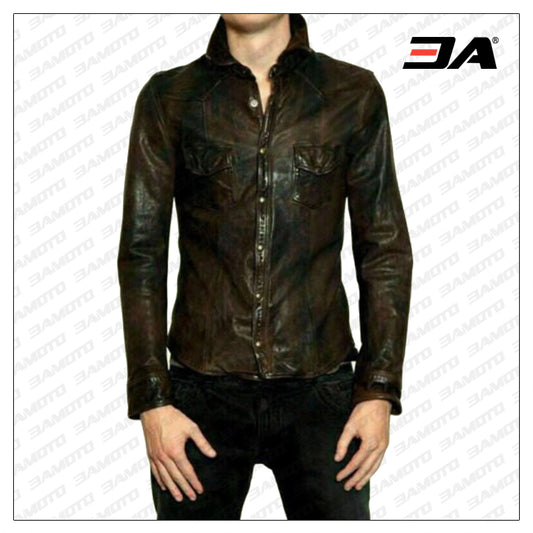 Men's Shirt Jacket Distressed look Real Soft Genuine Waxed Leather Shirt - 3amoto shop