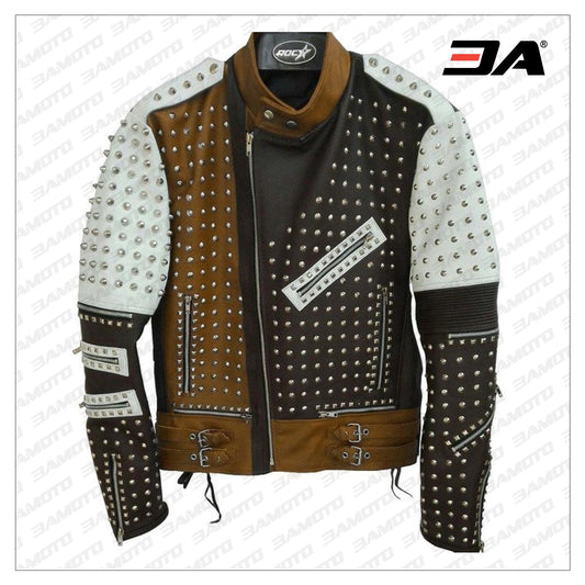 Mens Silver Studded Leather Jacket Black-White-Brown Leather Jacket - 3A MOTO LEATHER - Fashion Leather Jackets USA - 3AMOTO