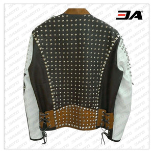 Mens Silver Studded Leather Jacket Black-White-Brown Leather Jacket - 3A MOTO LEATHER