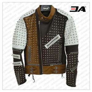 Mens Silver Studded Leather Jacket Black-White-Brown Leather Jacket - 3A MOTO LEATHER
