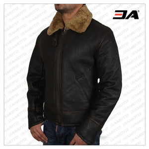 Men's Real Shearling Sheepskin Leather Flying Jacket Aviator Ginger Brown