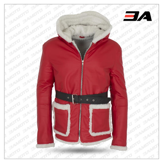 Men's Santa Claus red leather coat with hood and fur lining for a festive winter look - Fashion Leather Jackets USA - 3AMOTO