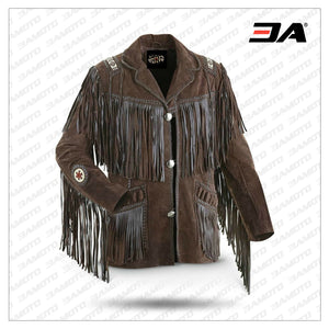Men's Traditional Western Cowboy Leather Jacket coat with fringe bones and beads