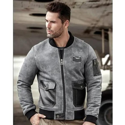 Men's A2 Aviator Sheepskin Shearling Leather Jacket Motorcycle Jacket Baseball Collar Fur Coat