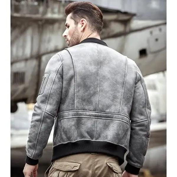 Men's A2 Aviator Sheepskin Shearling Leather Jacket Motorcycle Jacket Baseball Collar Fur Coat