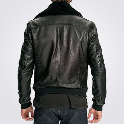 Men's Air Force Black Leather Bomber Jacket Fur Collar