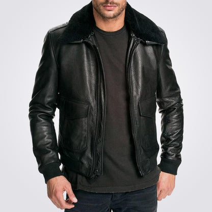 Men's Air Force Black Leather Bomber Jacket Fur Collar