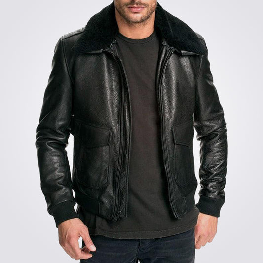 Men's Air Force Black Leather Bomber Jacket Fur Collar - 3amoto shop