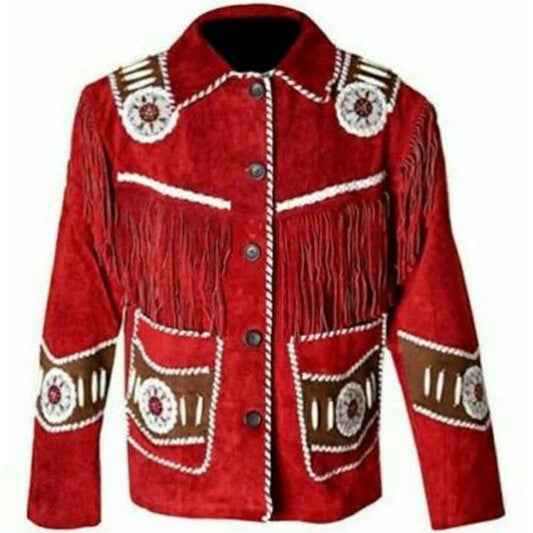 Mens American Native Red Contrast Suede Leather Jacket - Fashion Leather Jackets USA - 3AMOTO