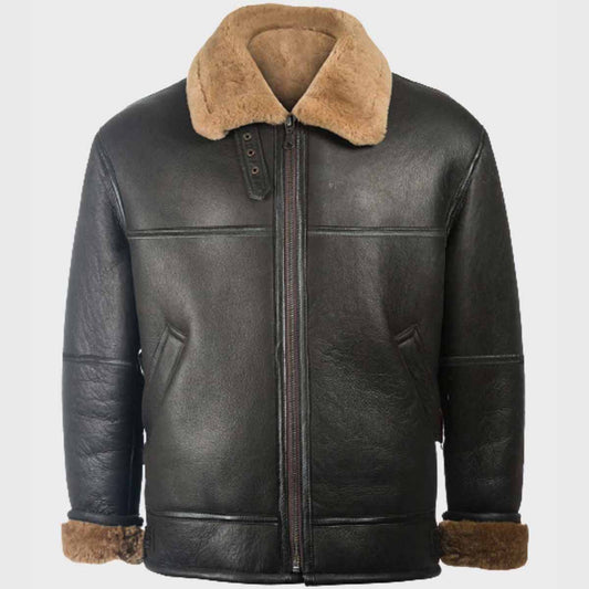 Mens Aviator Black Shearling Sheepskin B3 Leather Jacket - 3amoto shop