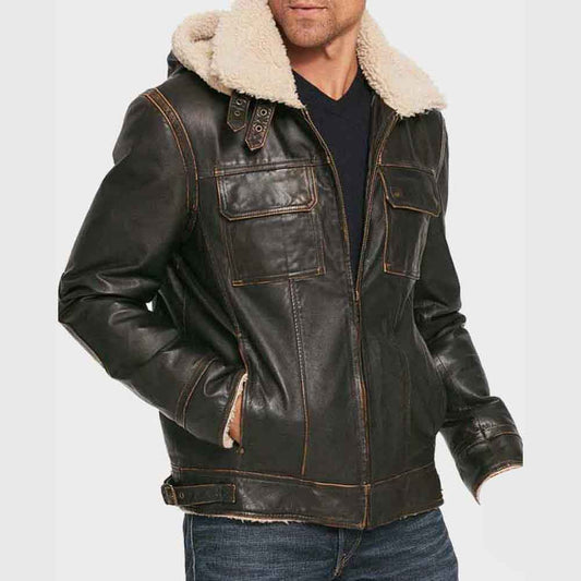 Mens Aviator Brown Waxed Hooded Jacket - 3amoto shop