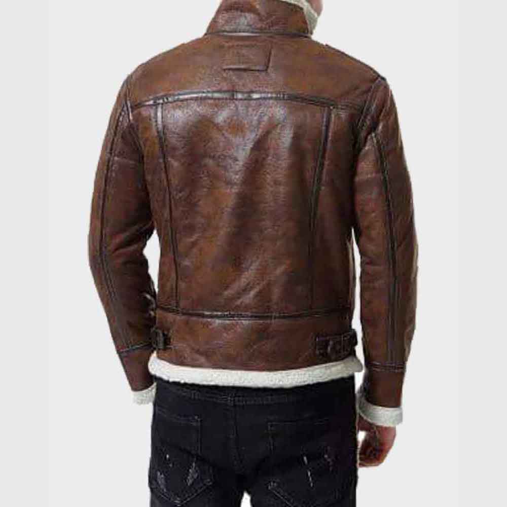 Mens Aviator Distressed Brown Shearling Leather Jacket