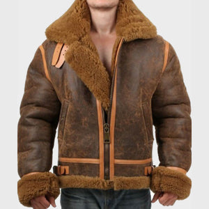 Mens Aviator Distressed Leather Shearling Jacket