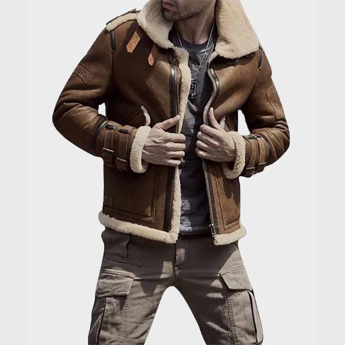 Mens Aviator Shearling Sheepskin B3 Leather Jacket