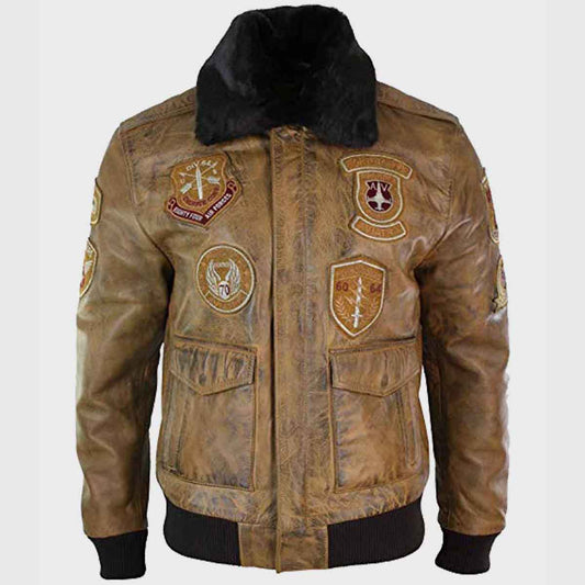 Mens Aviator Tan Bomber Leather Jacket - Fashion Leather Jackets USA - 3AMOTO