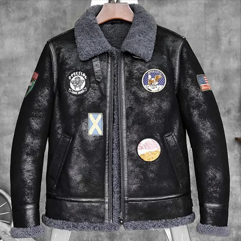 Mens B-3 Aviator American Flag Armband Sheepskin Bomber Jacket Shearling Coat