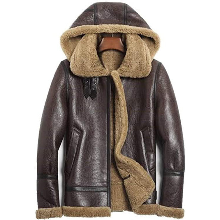 Mens B3 Detachable Shearling Sheepskin Hood Flight Leather Winter Fur Jacket