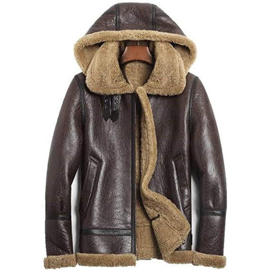 Mens B3 Detachable Shearling Sheepskin Hood Flight Leather Winter Fur Jacket - Fashion Leather Jackets USA - 3AMOTO