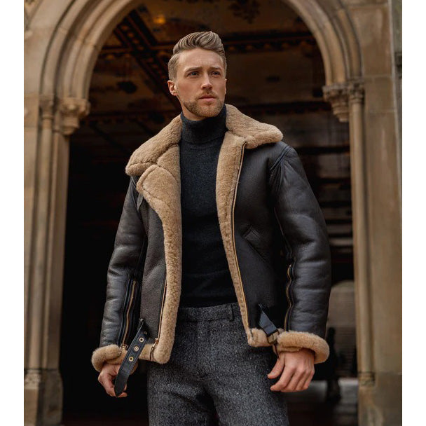 Men Designer Fur Shearling Sheepskin Coat ( Brown )