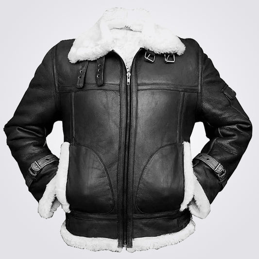 Men's B3 RAF White And Black Leather Bomber Jacket - Fashion Leather Jackets USA - 3AMOTO