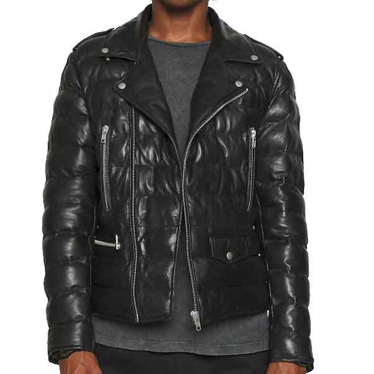 Mens Biker Style leather Puffer Jacket - 3amoto shop