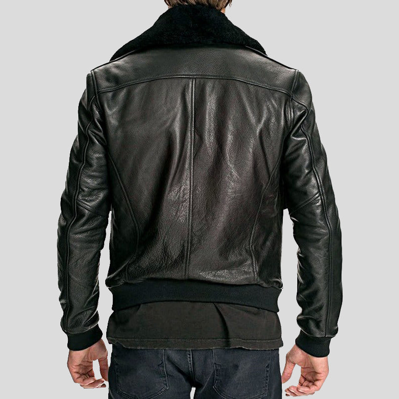 Mens Black Air Force Leather Bomber Jacket Classic Fur Collar Back