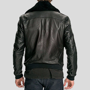 Mens Black Air Force Leather Bomber Jacket Classic Fur Collar Back