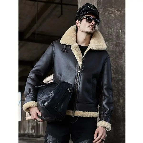 Men's Black B3 Airforce Flight Sheepskin Shearling Leather Jacket Fur Coat