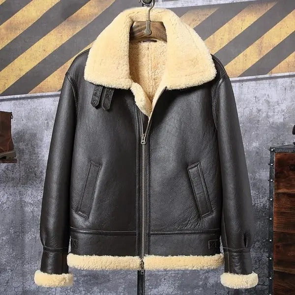 Men's Black B3 Airforce Flight Sheepskin Shearling Leather Jacket Fur Coat