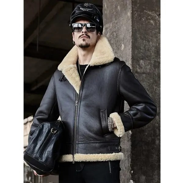 Men's Black B3 Airforce Flight Sheepskin Shearling Leather Jacket Fur Coat