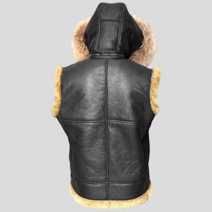 Mens Black B3 Aviator Fur Shearling RAF Leather Vest with Hood