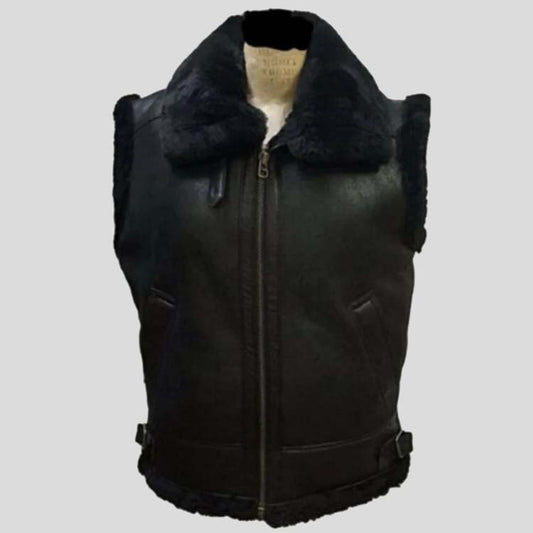 Mens Black B3 Bomber Fur Shearling Sheepskin Leather Vest - Fashion Leather Jackets USA - 3AMOTO