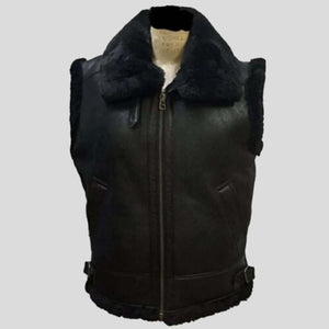 Mens Black B3 Bomber Fur Shearling Sheepskin Leather Vest