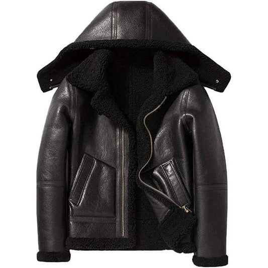 Men's Black B3 RAF Aviator Shearling Leather Bomber Jacket with Fur - 3amoto shop