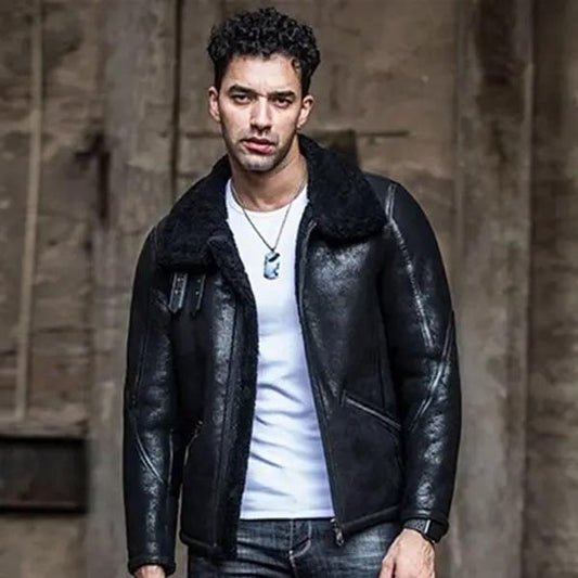 Mens Black B3 Shearling Biker Jacket Aviator Jacket - Fashion Leather Jackets USA - 3AMOTO