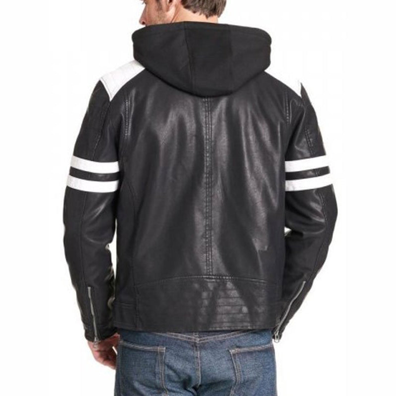 Mens Black Biker Leather Jacket With White Stripes