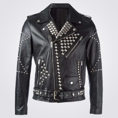 Men's Black Biker Leather Jacket with Studs