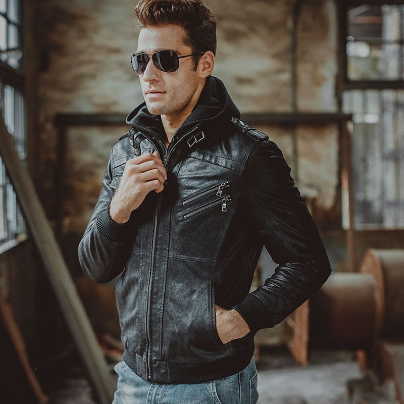 Mens Genuine Black Hooded Bomber Leather Jacket | Real Lambskin Leather  Jackets for Men with Hood