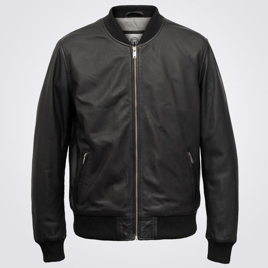 Men's Black Bomber Leather Jacket - 3amoto shop