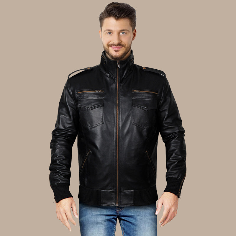 Mens Black Classic Pure Leather Bomber Jacket Back