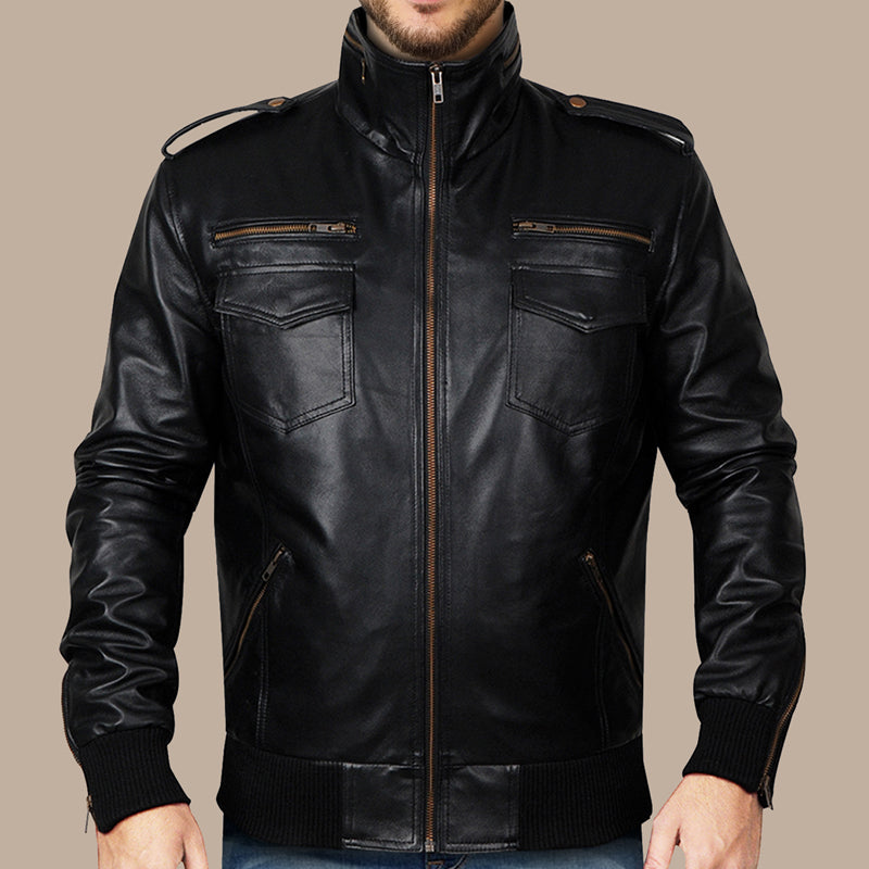 Mens Black Classic Pure Leather Bomber Jacket